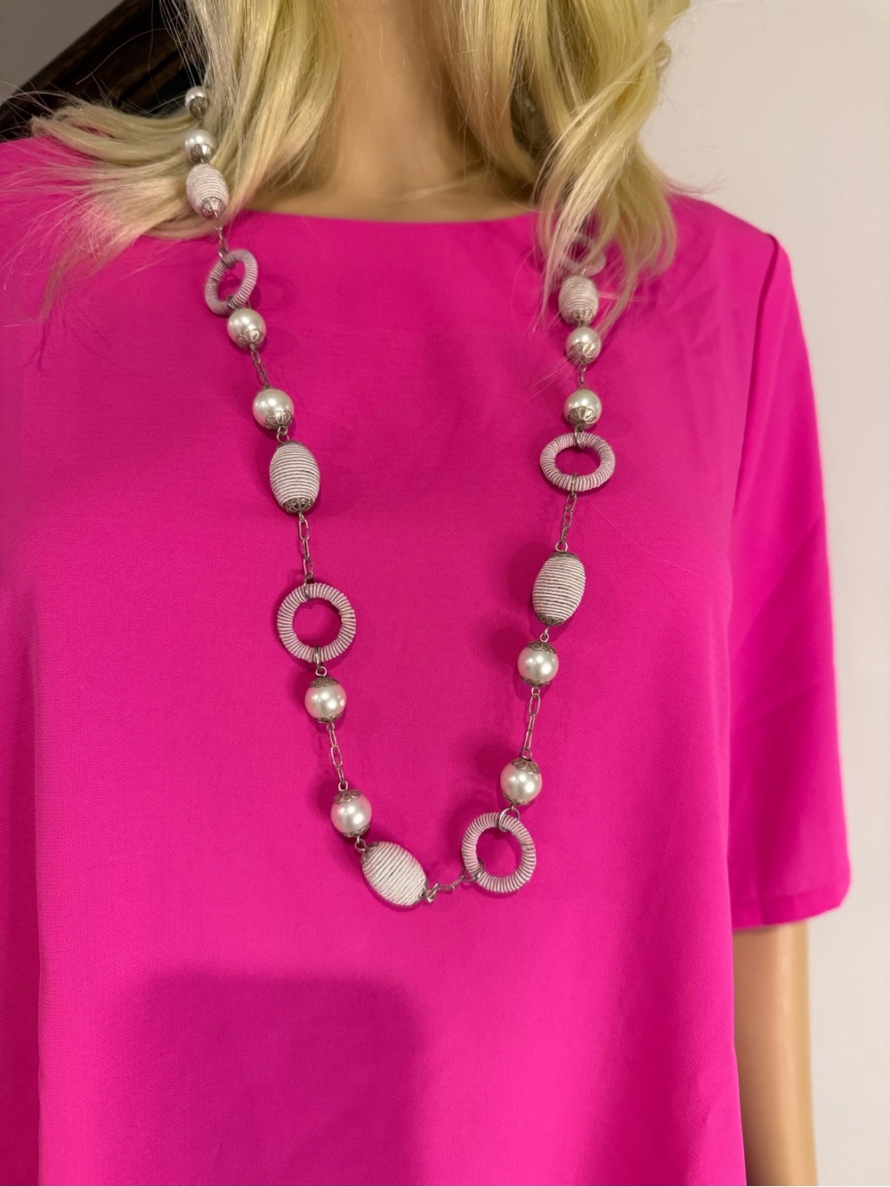 Laila Rowe Long Silver and Light Pink Beaded Circle Necklace